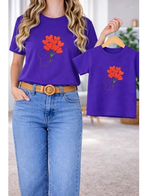 Vodexa Anne Kız Çocuk Kombin Oversize Tişört – Anne Çocuk Twin T-Shirt Kalpli Ayıcık Baskılı
