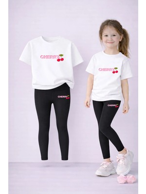 Vodexa Kız Çocuk Takım T-Shirt ve Esnek Tayt Set %100 Pamuk Kiraz Baskı – Rahat Spor Kombin
