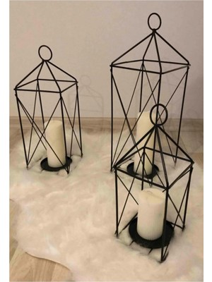 Moontime Alaçatı 3'lü Set Ferforje Dekoratif Mumluk Kafes Fener Şamdan Takımı Metal Siyah Kulplu