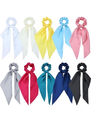 Lawie 10'lu Paket Renkli Düz Saten Uzun Kurdele Düğümlü Saç Fiyonkları Scrunchies Saç Bağları At Kuyruğu Saç Bantları Elastik Kauçuk Saç Bantları Kabarcıklar Yüzük Tutucu Kadınlar Için Aksesuarlar