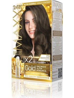 Maxx Deluxe Gold Serisi 24K Altın Parçacıklı Serum ile 1 Kutu 2 x 50 ml ve Geliştiriciler Saç Boyası (Yoğun Küllü Kumral 7.11)