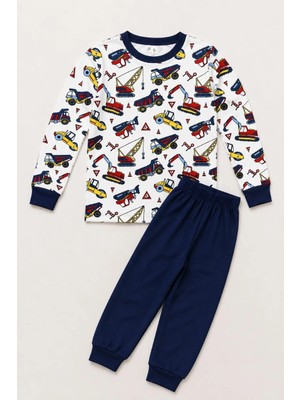 Tarz Yeri Erkek Çocuk Premium Penye Iş Makinesi Desenli Uzun Kollu Pijama Takımı 2-11 Yaş - Lacivert