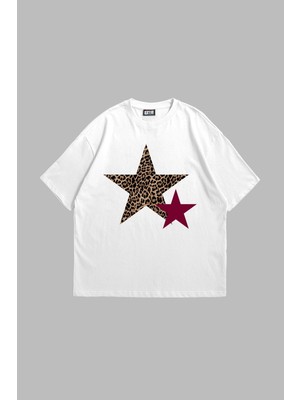 Tarzsokak Y2K Leopar Starz Baskılı Oversize Unisex Beyaz