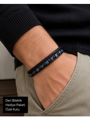 Herşey Nota Erkek Siyah Deri Bileklik – Lacivert Taş Detaylı Çok Katmanlı Örgü Bileklik