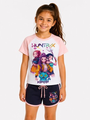 Vaxy Style Huntrix Rumi Mira Zoey Kpop Anime Baskılı Kız Çocuk Tişört Şort Takımı Yazlık Kısa Kollu Çocuk Takımı
