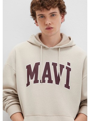 Mavi Mavi Logo Baskılı Kapüşonlu Bej Sweatshirt 067149-70004