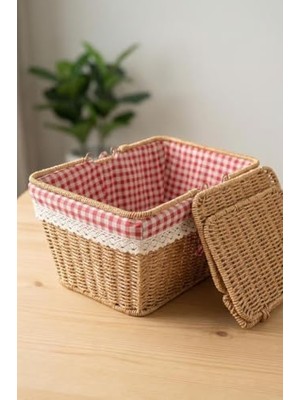 Kapaklı Rattan Vintage Dantelli Dikdörtgen Piknik Sepeti -9T14 U/6