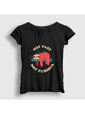 Presmono Kadın Siyah Not Fast Not Furious Tembel Hayvan T-Shirt