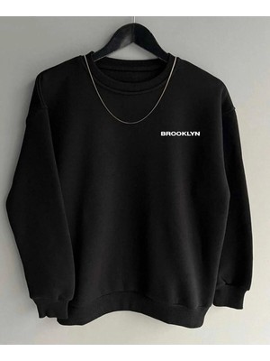 Tarzsokak Siyah Oversize Brooklyn Baskılı Pamuklu Kapşonsuz 0 Yaka Unisex Sweatshirt