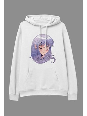 Tarzsokak Oversize Mor Saçlı Lila Genç Kız Tasarım Baskılı Unisex Kapüşonlu Sweatshirt Hoodie Beyaz