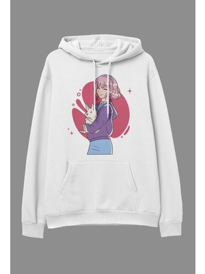 Tarzsokak Oversize Pembe Saçlı Kız ve Tavşan Tasarım Baskılı Unisex Kapüşonlu Sweatshirt Hoodie Beyaz