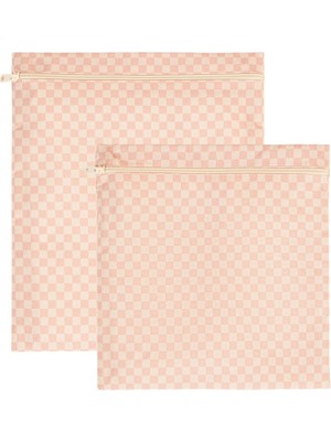 Ocean Home Textile 2'li Su Geçirmez Pvc Astarlı Pembe Dama Desen Islak Kuru Çantası 28 x 30/30 x 36 cm