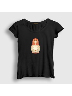 Presmono Kadın Siyah Vintage Matruska Bebegi T-Shirt