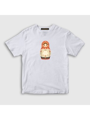 Presmono Unisex Çocuk Beyaz Vintage Matruska Bebegi T-Shirt