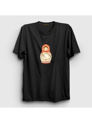 Presmono Unisex Siyah Vintage Matruska Bebegi T-Shirt