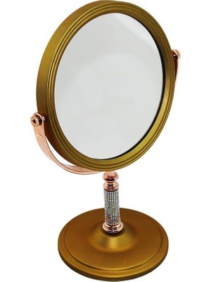 Taş Saplı Yuvarlak 7 Inç= Çap:17.5cm Makyaj Aynası Çift Taraflı Bronz - Gümüş Pls.çerçeve Sabit Ayak