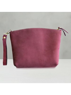 Kadın Clutch Çanta Bordo Orta Boy Hakiki Deri Bileklik Askılı Kadın Makyaj Çantası