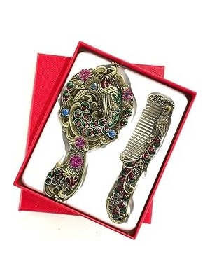 Vintage Metal Ayna ve Tarak Seti, Antik Bronz, Çiçek Desenli, Renkli Taşlı, El Aynası ve Saç Tarağı, 13 cm
