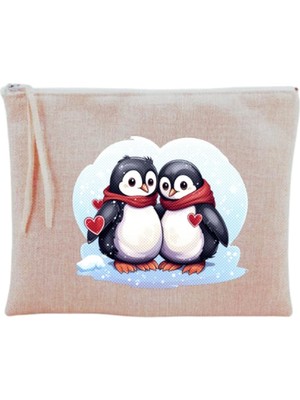 Penguen Baskılı Makyaj Çantası Bej, LH7893264019823213