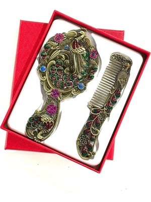 Vintage Metal Ayna ve Tarak Seti, Antik Bronz, Çiçek Desenli, Renkli Taşlı, El Aynası ve Saç Tarağı, 13 cm
