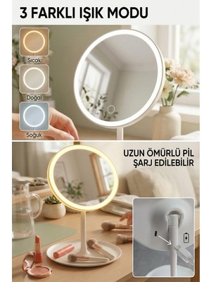 Ledli Yuvarlak Ayna Işıklı Mini Makyaj Aynası 3 Farklı Işık Modu 18 cm Beyaz