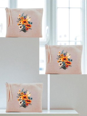 Çiçek Buketi Baskılı 3'lü Makyaj Çantası 20X25 cm - Kadın Doğum Günü Hediyesi, LH93824723452351321