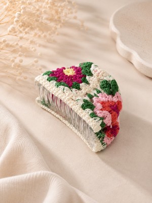 Kumru Studio Pembe Çiçekli El Örgüsü Mandal Saç Tokası