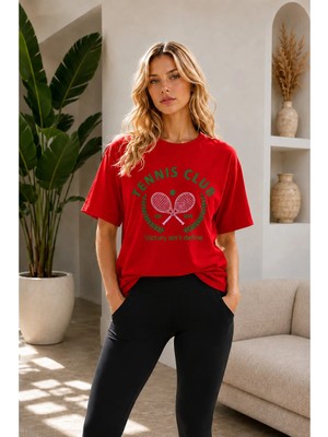 Vodexa Unisex Oversize Tennis Baskılı T-Shirt %100 Pamuk Tenis Temalı Rahat Kalıp Kısa Kollu Tişört
