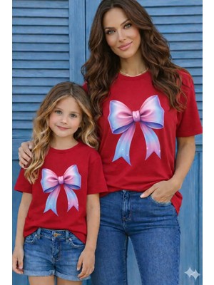 Vodexa Anne Kız Ünisex Çocuk Kombin Oversize Tişört Twin T-Shirt Pembe Kurdela Baskılı