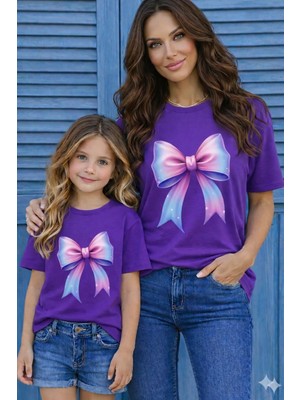 Vodexa Anne Kız Ünisex Çocuk Kombin Oversize Tişört Twin T-Shirt Pembe Kurdela Baskılı