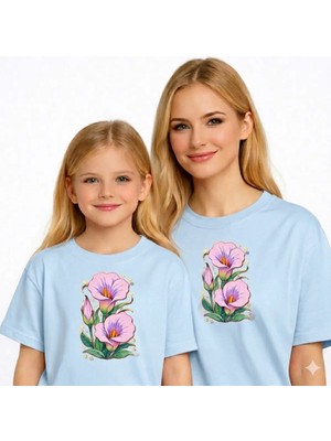Vodexa Anne Ünisex Çocuk Kombin Oversize Tişört Twin T-Shirt Pembe Zambak Baskılı