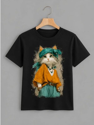 Vodexa Ünisex Oversize T-Shirt Süslü Kedi Baskılı %100 Pamuk Tişört Rahat Kalıp