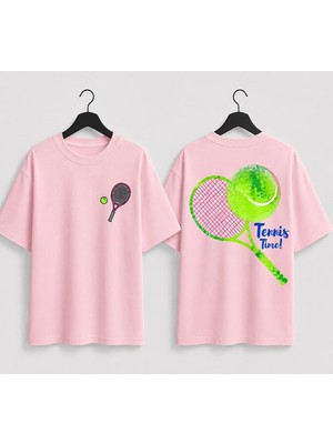 Vodexa Unisex Oversize Tennis Baskılı T-Shirt %100 Pamuk Tenis Temalı Rahat Kalıp Kısa Kollu Tişört