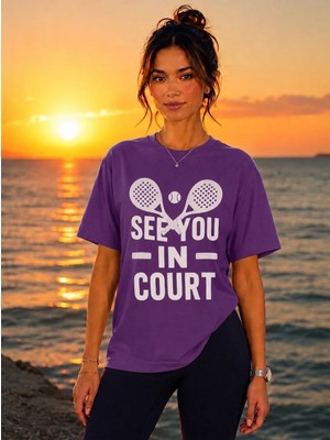 Vodexa Unisex Oversize Tennis Baskılı T-Shirt %100 Pamuk Tenis Temalı Rahat Kalıp Kısa Kollu Tişört
