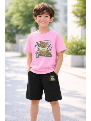 Vodexa Erkek-Kız Çocuk Tişört Şort Takım %100 Pamuk Yazlık Rahat Kalıp Baskılı T-Shirt Çocuk Kombin
