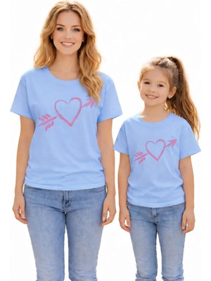 Vodexa Anne Kız Kombin Oversize Tişört Twin T-Shirt Anne Cocuk Oklu Kalp Baskılı (Tekli Satılmaktadır)