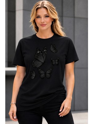 Vodexa Kadın Oversize T-Shirt Renkli Kelebekler Baskılı %100 Pamuk Tişört Rahat Kalıp