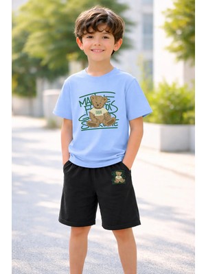 Vodexa Erkek-Kız Çocuk Tişört Şort Takım %100 Pamuk Yazlık Rahat Kalıp Baskılı T-Shirt Çocuk Kombin