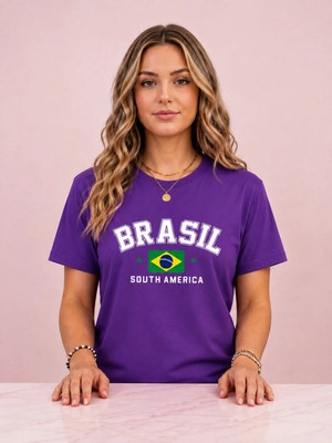 Vodexa Kadın Oversize T-Shirt Brasil Baskılı %100 Pamuk Tişört Rahat Kalıp