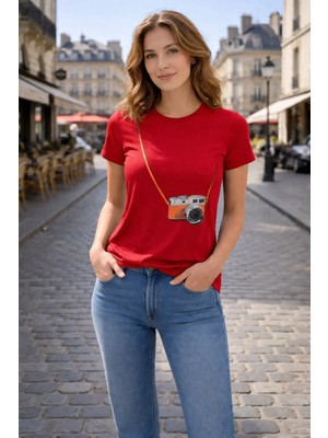 Vodexa Kadın Oversize T-Shirt Fotoraf Makinası Baskılı %100 Pamuk Tişört Rahat Kalıp