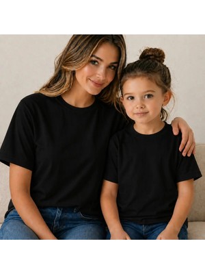 Vodexa Anne Kız Kombin Sade Oversize Tişört Twin T-Shirt %100 Pamuk Rahat Kalıp