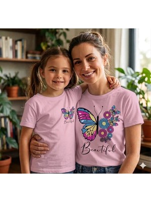 Vodexa Anne Çocuk Kombin Oversize Tişört Twin T-Shirt Çiçekli Baskılı (Tekli Satılmaktadır)