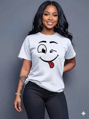 Vodexa Kadın Oversize T-Shirt Gözkırpma Baskılı %100 Pamuk Tişört Rahat Kalıp