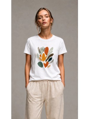 Vodexa Kadın Oversize T-Shirt Yapraklar Baskılı %100 Pamuk Tişört Rahat Kalıp