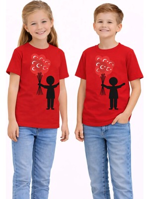 Vodexa Ünisex Çocuk Ayyıldızlı Balonlar Baskılı Tişört %100 Pamuk Kırmızı Yazlık Çocuk T-Shirt Tekli