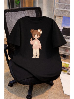 Vodexa Oversize Çocuk Genç Tişört %100 Pamuk Baskılı Rahat Kalıp Günlük Şık T-Shirt