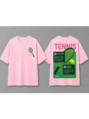 Vodexa Unisex Oversize Tennis Baskılı T-Shirt %100 Pamuk Tenis Temalı Rahat Kalıp Kısa Kollu Tişört