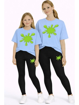 Vodexa Anne Kız Çocuk Kombin Oversize Tişört Twin T-Shirt Yeşil Boya Baskılı