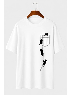 Vodexa Unisex Oversize T-Shirt Kediler Baskılı %100 Pamuk Tişört Rahat Kalıp