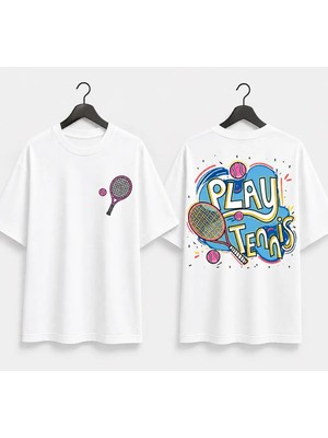 Vodexa Unisex Oversize Tennis Baskılı T-Shirt %100 Pamuk Tenis Temalı Rahat Kalıp Kısa Kollu Tişört